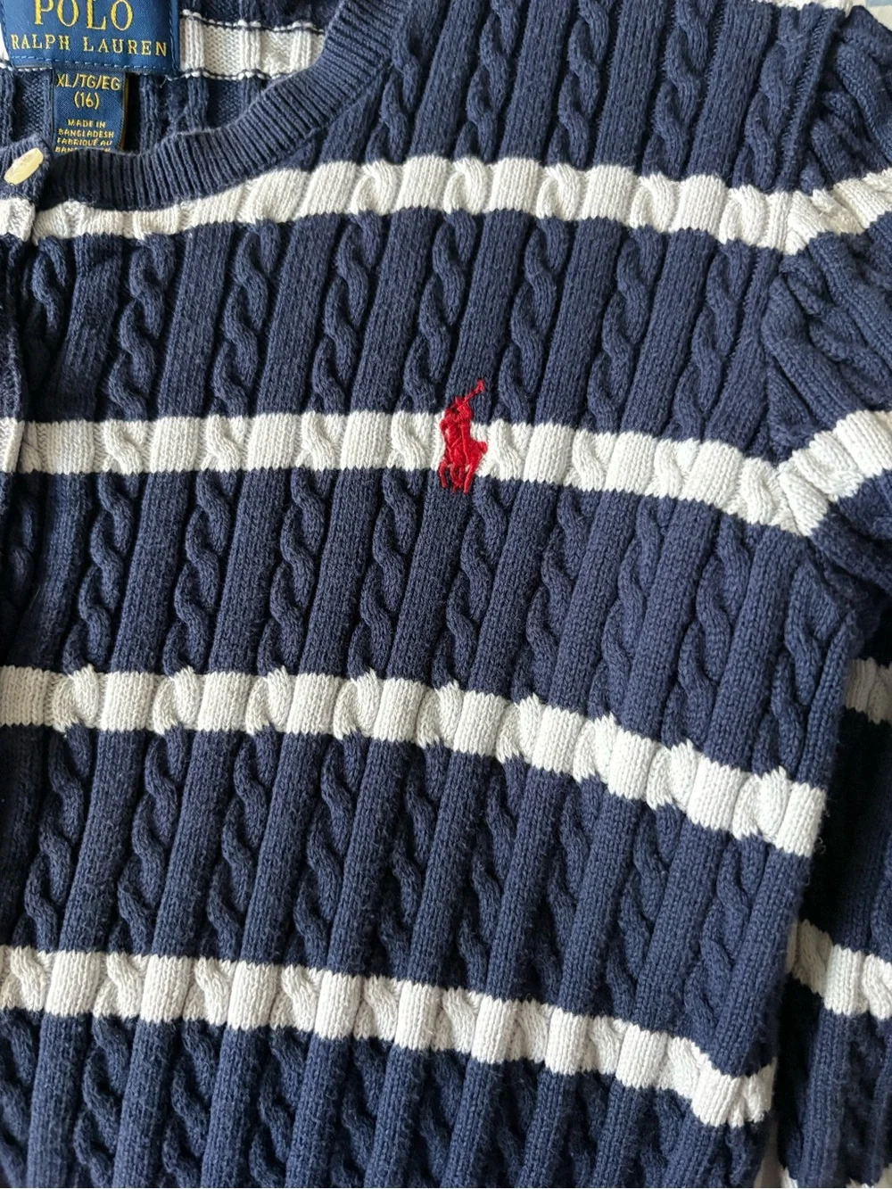 POLO RALPH LAUREN Girls sz XL 14-16 Cable Knit Cardigan Navy Blue White Striped - Picture 4 of 10